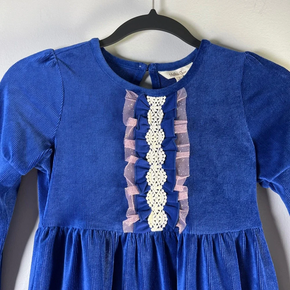 Matilda Jane Girls Sz 8 Blue Clara Heart to Heart Corduroy‎ Ruffle Tulle Dress